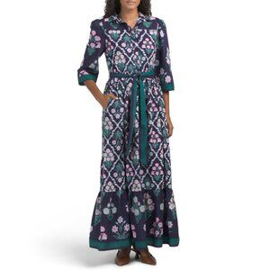 CELINA MOON Navy/Pink Three-quarter Sleeve Floral Block Print Maxi Dress
